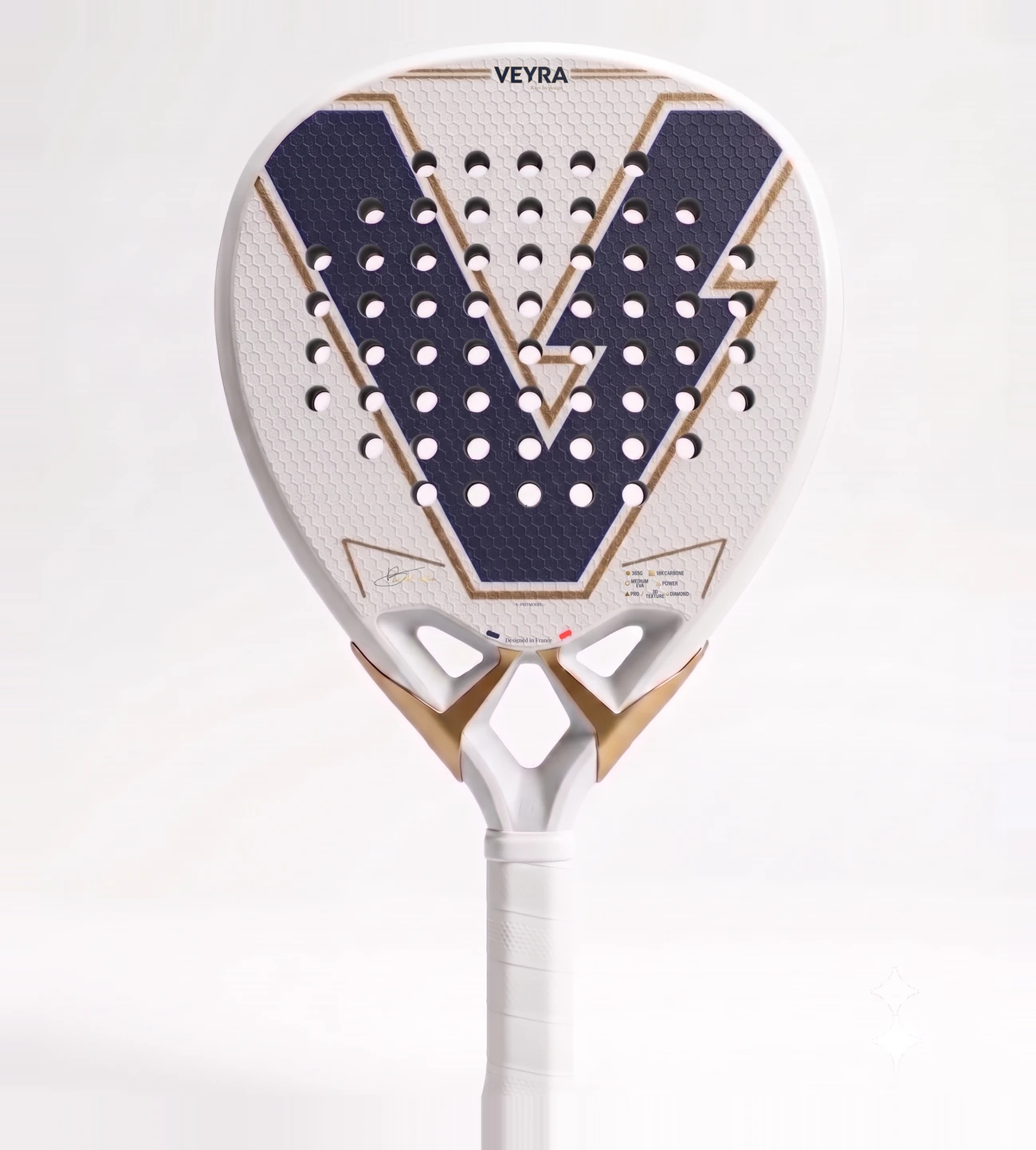 Raquette Veyra V-PRO, forme diamant, cadre navy et or, monogramme V, vue complète